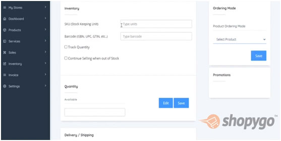 Manage the inventory records, shipping and order details of your products with Shopygo