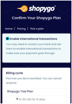 Select and confirm Shopygo pricing plan