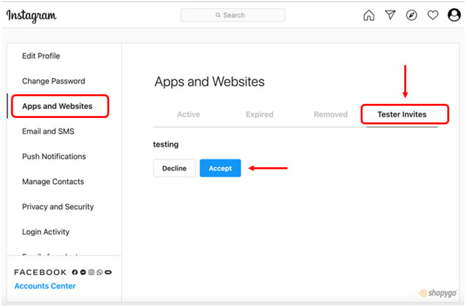 Instagram settings to take the token