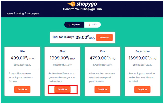 Selection of shopygo ecommerce plan