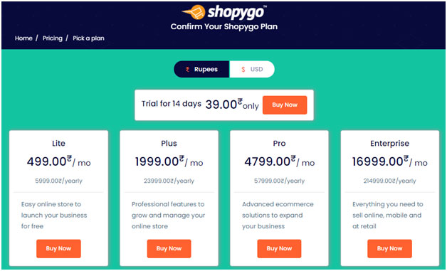 Shopygo ecommerce pricing plan
