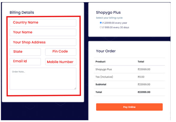 Billing and payment of shopygo ecommerce