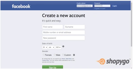 Signing up with facebook account for an online store