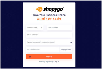Shopygo signup page to get start your online ecommerce store